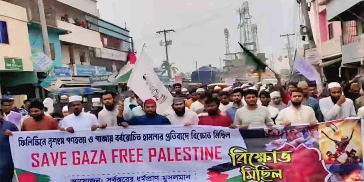 শিবগঞ্জে ফিলিস্তিনে গণহত্যা ও গাঁজায় হামলার প্রতিবাদে বিক্ষোভ মিছিল