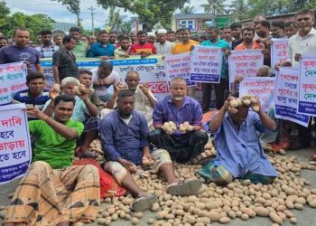 হিমাগারে ভাড়া বৃদ্ধির প্রতিবাদে সড়কে আলু ফেলে অবরোধ