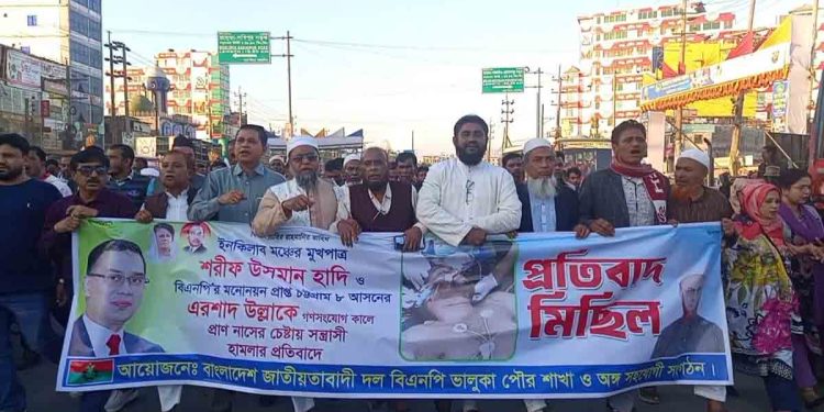 হাদি ও এরশাদ উল্লাহর ওপর সন্ত্রাসী হামলার প্রতিবাদে ভালুকায় পৌর বিএনপির বিক্ষোভ মিছিল